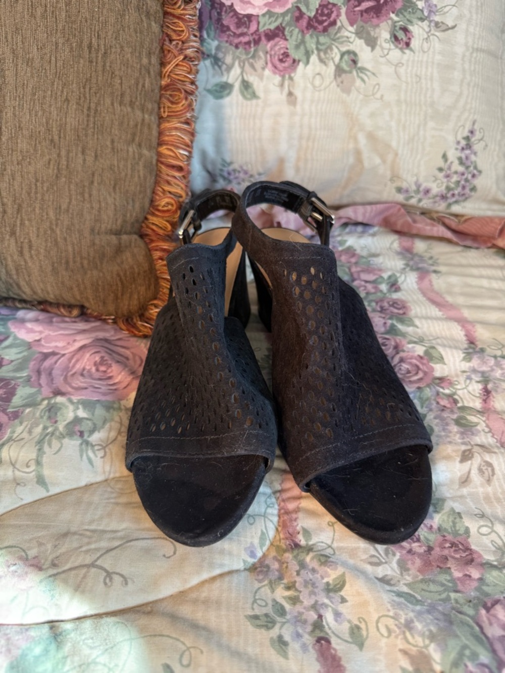 Women's Black Suede Perforated Slingback Heels